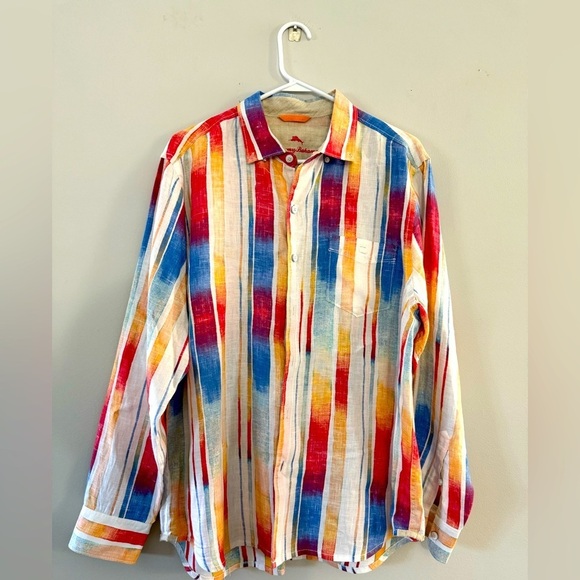 Tommy Bahama Relax Linen Button Front Dress Shirt Casual Stripe Breezer Sunset L - Picture 1 of 14
